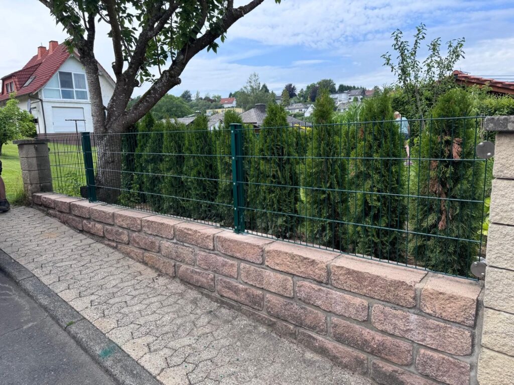 Moosgrüner Doppelstabzaun auf einer Mauer vor einer Thujahecke