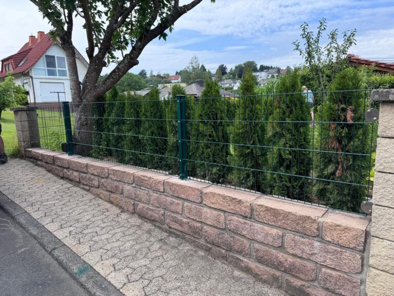 Doppelstabzaun auf einer Natursteinmauer vor einer Thujahecke